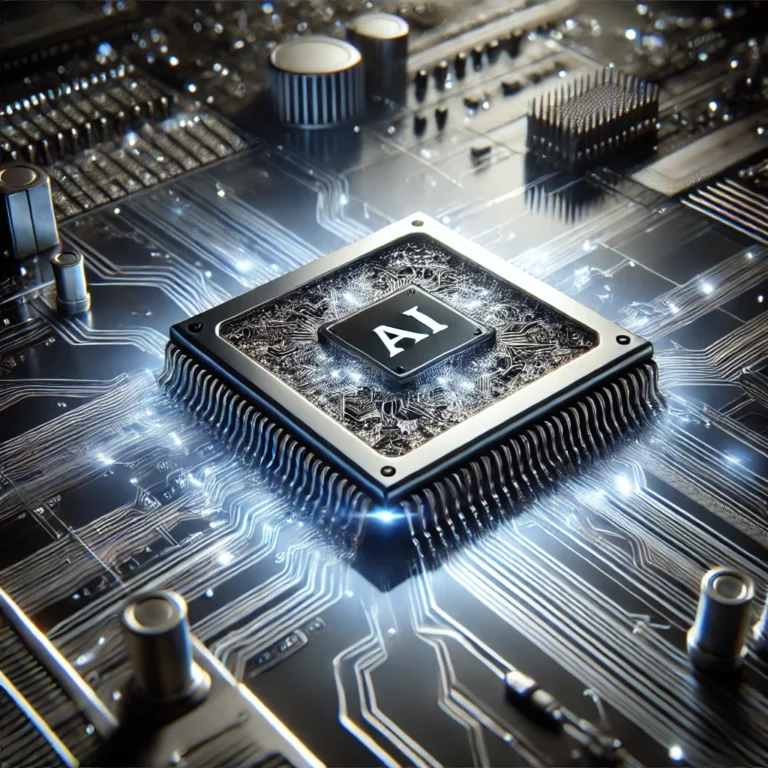 A highly detailed and realistic AI chip featuring intricate circuitry and components. The chip is placed on a reflective surface, set against a futuristic and high-tech background with other electronic elements. The design emphasizes advanced technology and sophistication, with glowing accents and a sleek, modern aesthetic