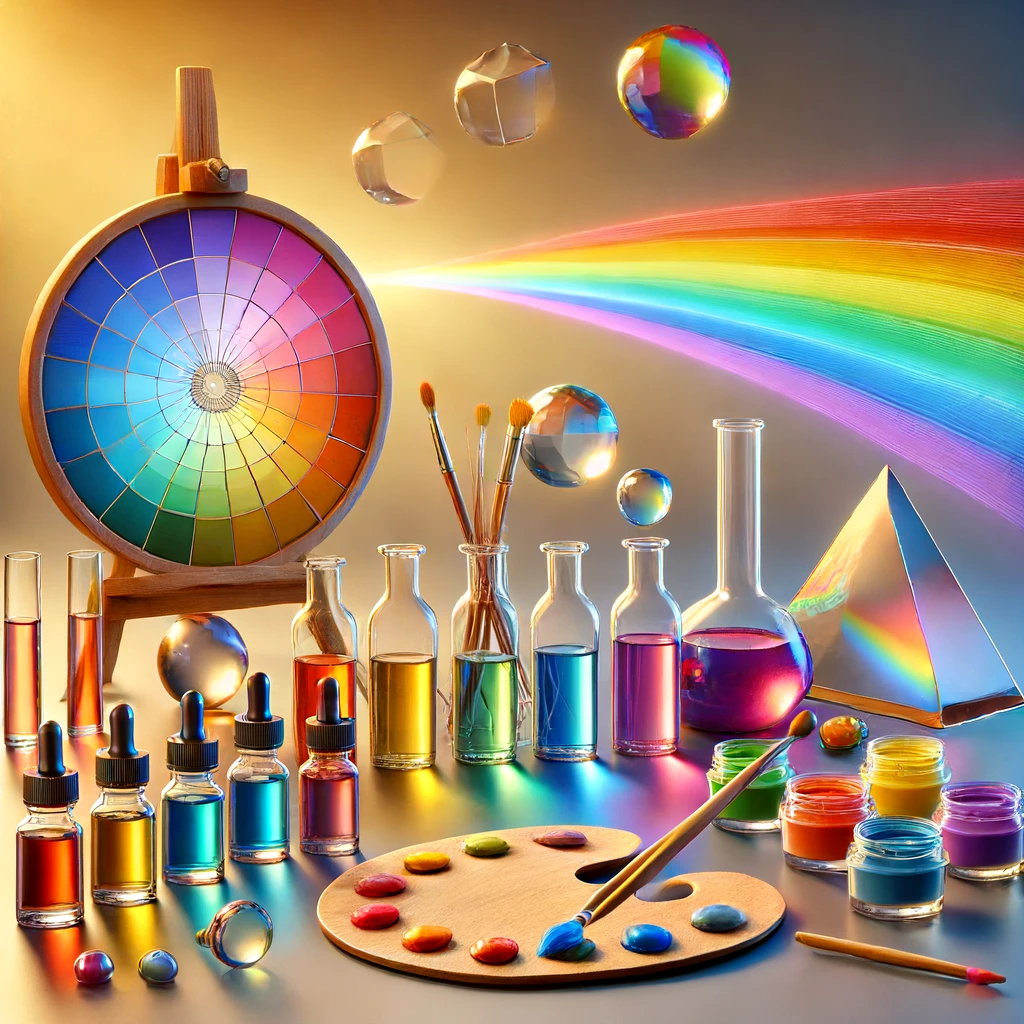 A photorealistic image illustrating the properties of color through various objects and materials. The scene includes a color wheel, a rainbow in the sky, a set of colored glass bottles, a prism dispersing light, and a painter's palette with vibrant paints. The background features a soft gradient that complements the array of colors displayed. The high level of detail and realistic lighting emphasize the diverse properties and interactions of colors.